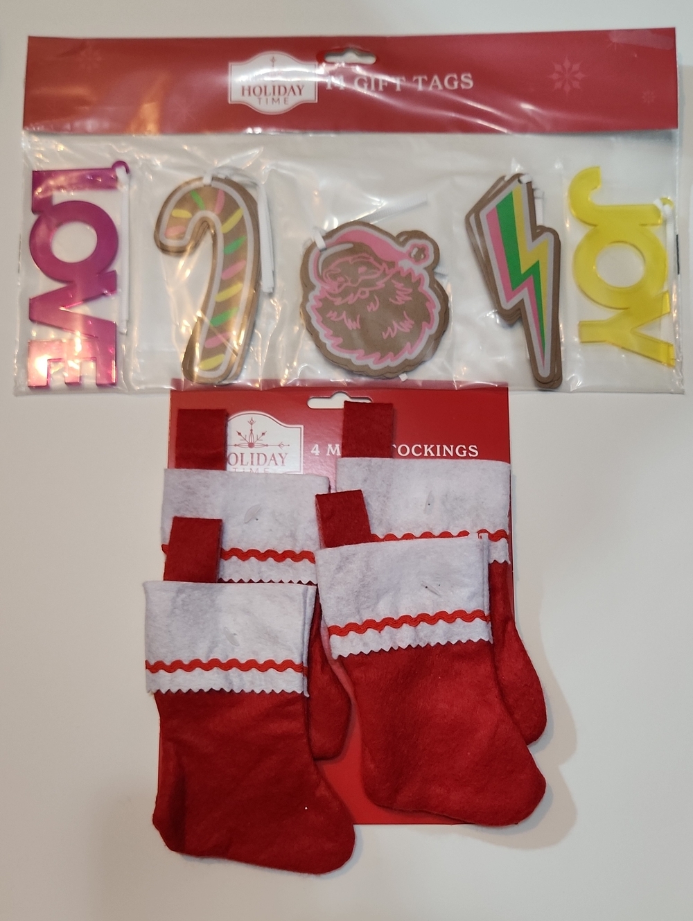 Holiday Time Red & White Mini Felt Stockings with Colorful Holiday Gift Tags
